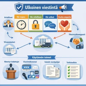 Tyylikäs, ammatillinen flat-vector-infografiikkapalkki: keskeinen yläotsikko 'Ulkoinen viestintä' korostettuna luottamusemblemalla (kilpi) ja megafonilla. Monipaneeliseen asetteluun neljä periaatepaneelia ikonien kera — Ole nopea (kello), Ole rehellinen (avoin lukko), Ole selkeä (yksinkertainen puhekupla), Osoita empatia (kädet/sydän) — selkeillä suomalaisilla teksteillä. Ympäröivä sidosryhmäklusteri nimetyillä ikoneilla: Asiakkaat, Yhteistyökumppanit, Viranomaiset, Media. Käytännön toimenpiteet -paneeli näyttää nimettyjä tiedotusmiehiä (pukukoristeinen puhujapodium/toimitusjohtajan siluetti), kanavakuvakkeet (verkkosivubanneri, sähköposti, SMS, sosiaalinen media), valmiit viestipohjat (asiakirjakuvakkeet) ja tarkistuslistan ruksatuilla kohdilla. Modernit, hillityt yritysvärit, selkeä typografia, tasaiset varjostukset ja looginen visuaalinen hierarkia tekevät kuvasta sopivan korporaatioartikkelin banneriksi ja opastavaksi kriisiviestinnän työkaluksi.