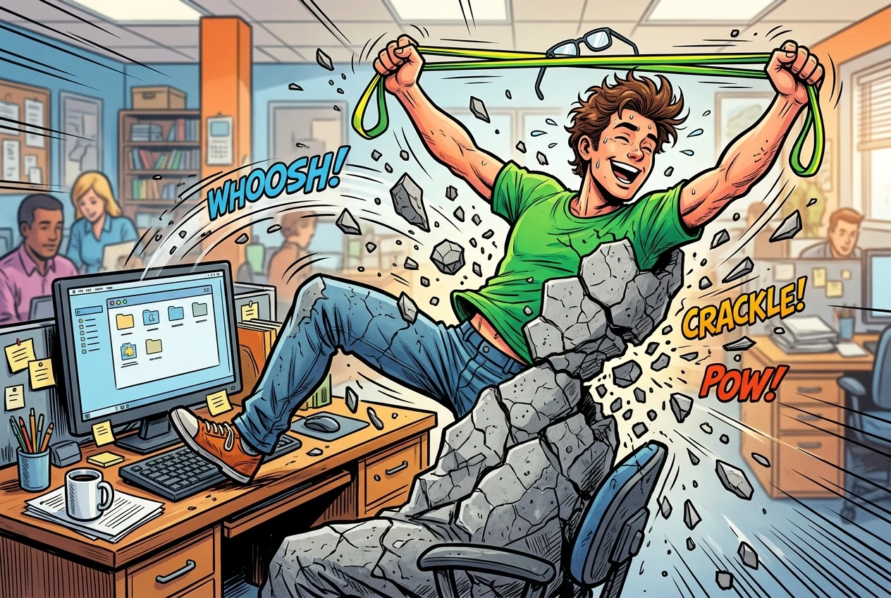 A dynamic comic-style illustration depicting an office worker energetically shattering a gray stone shell through a vigorous resistance band stretch, revealing a vibrant and limber form beneath flying shards.
