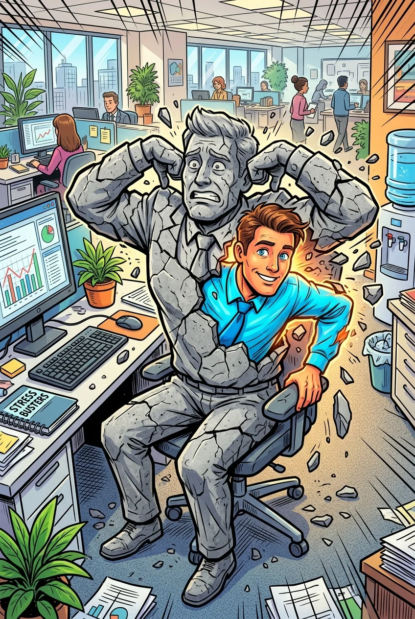 A dynamic comic-style illustration of a gray stone office worker whose rigid shell is shattering during an exaggerated shoulder shrug to reveal a vibrant, healthy human beneath, symbolizing the release of workday stiffness.