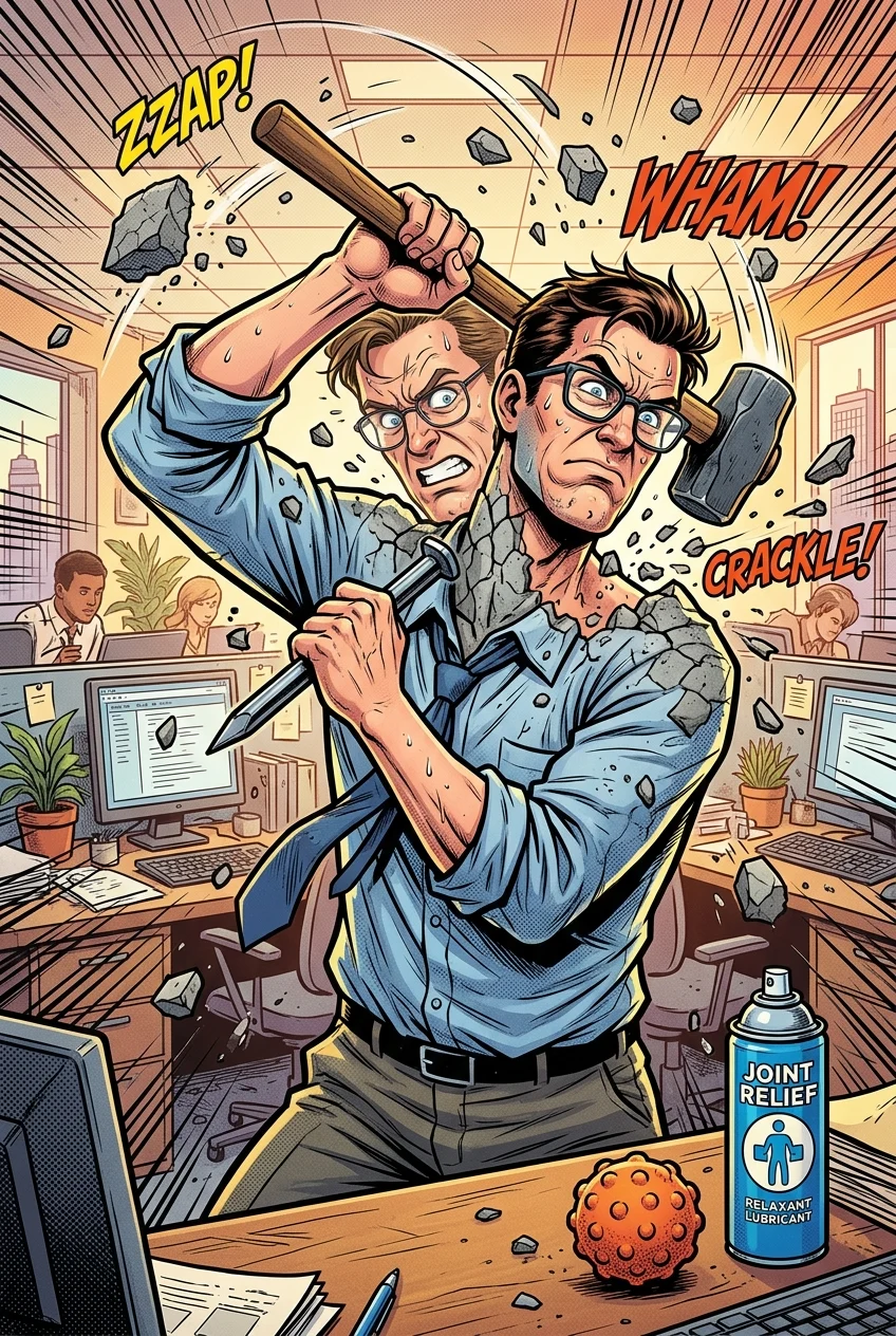 A dynamic comic book-style illustration of an office worker using a cartoonish sledgehammer and chisel to literally break free from their concrete-stiffened neck and shoulders, revealing relaxed skin and a look of intense relief.
