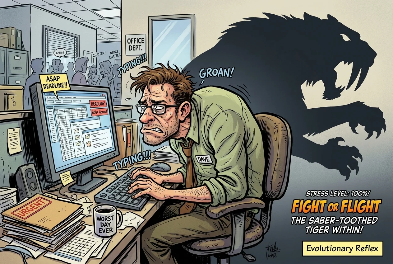 A vibrant comic-style illustration depicting a desk-bound employee retreating into their own shoulders as the ancient shadow of a saber-toothed tiger looms nearby, capturing the primal 'fight or flight' response triggered by modern office stress.