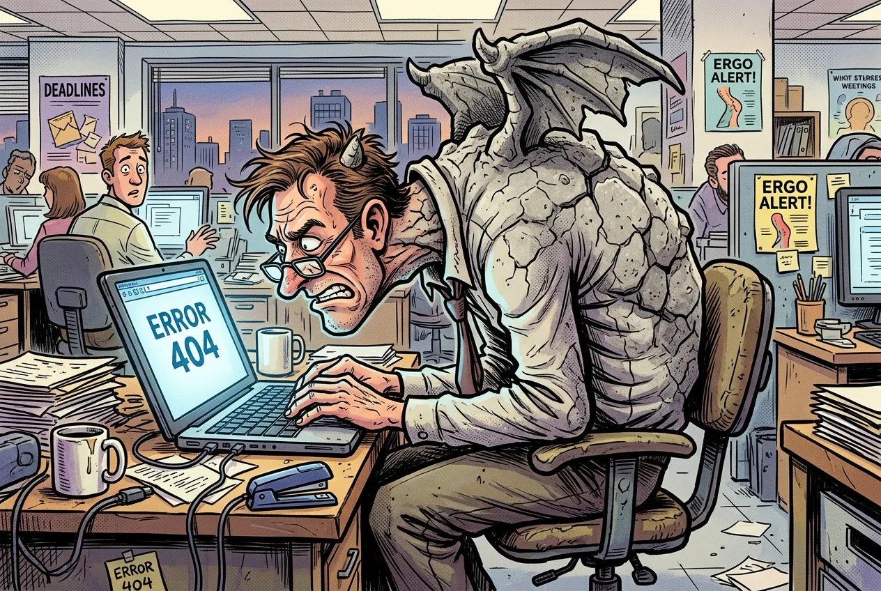 A vibrant comic book style illustration depicting an office worker's humorous transformation into a granite gargoyle caused by extreme poor posture. The character is hunched in a dramatic C-shape with shoulders hiked up to their ears as their skin turns into cracked grey stone.