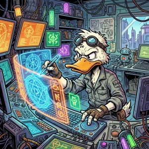 A stylized anthropomorphic duck immersed in a high-tech workspace, meticulously weaving radiant energy into glowing symbols with vibrant ink-lined precision.