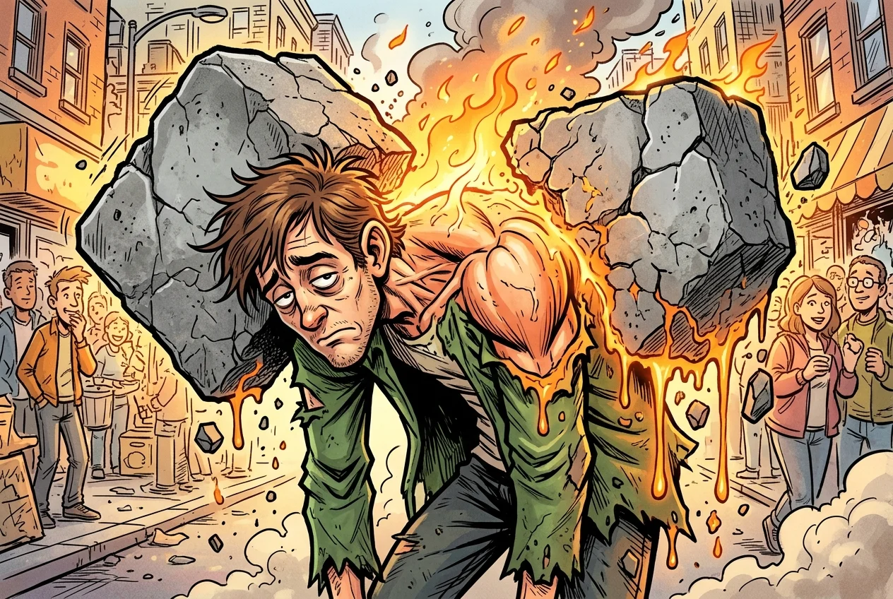 A humorous comic-style illustration featuring a person burdened by literal concrete blocks for shoulders, which are being melted away by a warm orange glow to reveal relaxed muscles.