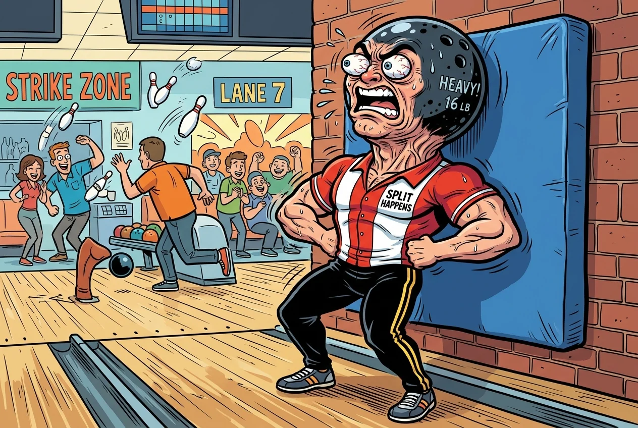 A vibrant, comic-style illustration depicting a muscular figure with a heavy, black bowling ball for a head. The character is shown in the middle of a strenuous chin-tuck exercise, with their thick neck straining and a hilarious expression of extreme concentration visible on the ball's surface, all set against a bright, colorful background.