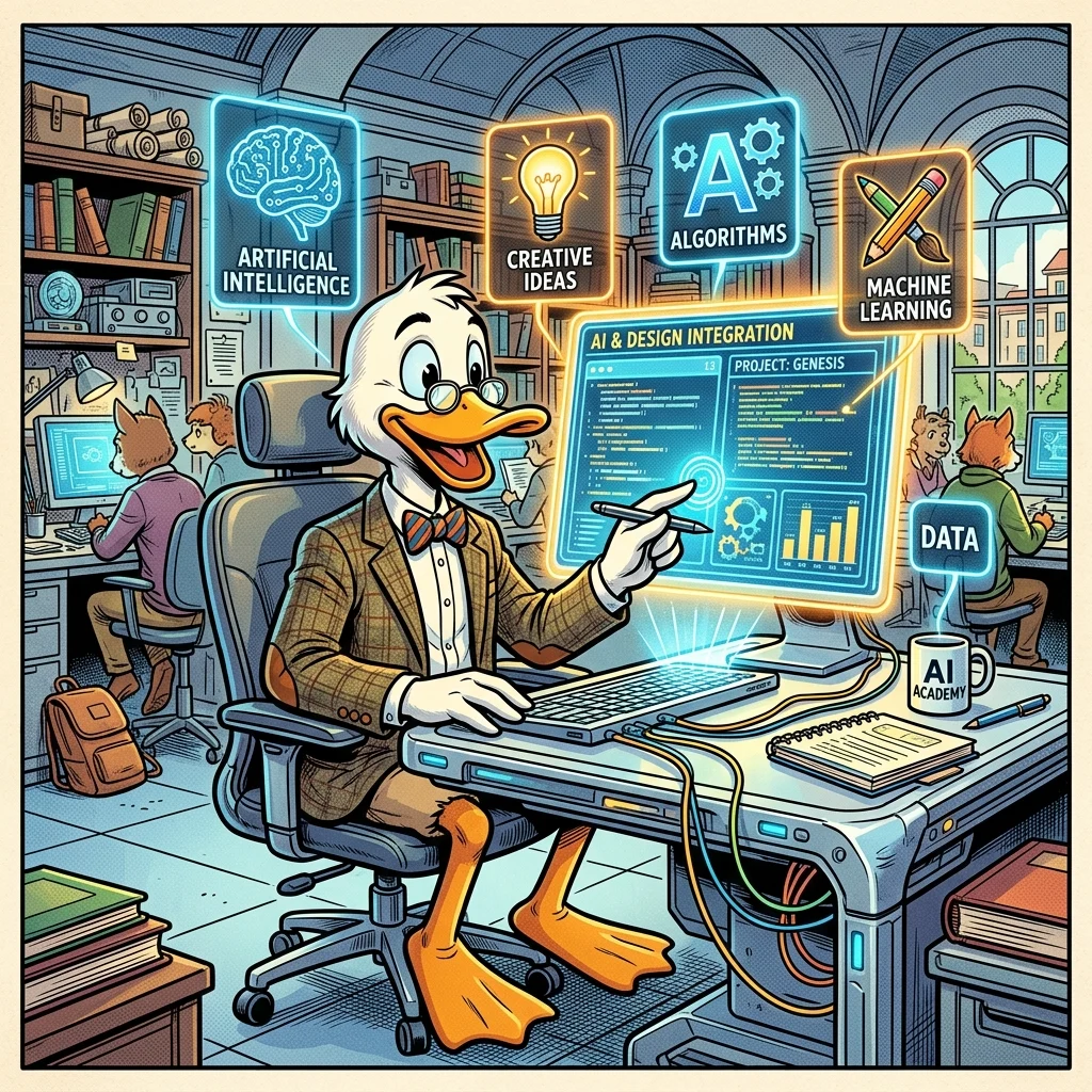 A vibrant, comic-style illustration featuring a clever duck scientist navigating a neon-lit futuristic workspace, seamlessly merging organic creativity with the limitless potential of artificial intelligence.