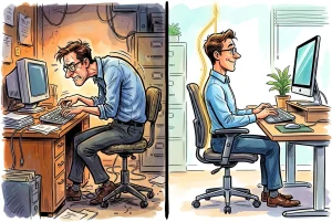 A vibrant split-panel comic illustrating the humorous evolution from a strained, question-mark-shaped worker to a professional with royal posture and perfect ergonomic alignment.