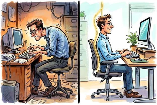 A vibrant split-panel comic illustrating the humorous evolution from a strained, question-mark-shaped worker to a professional with royal posture and perfect ergonomic alignment.