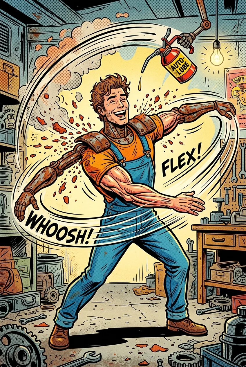 A vibrant pop art comic scene where a man with rusty hinge joints joyfully stretches while being lubricated by a vintage oil can, shedding metallic flakes to unveil healthy muscle.