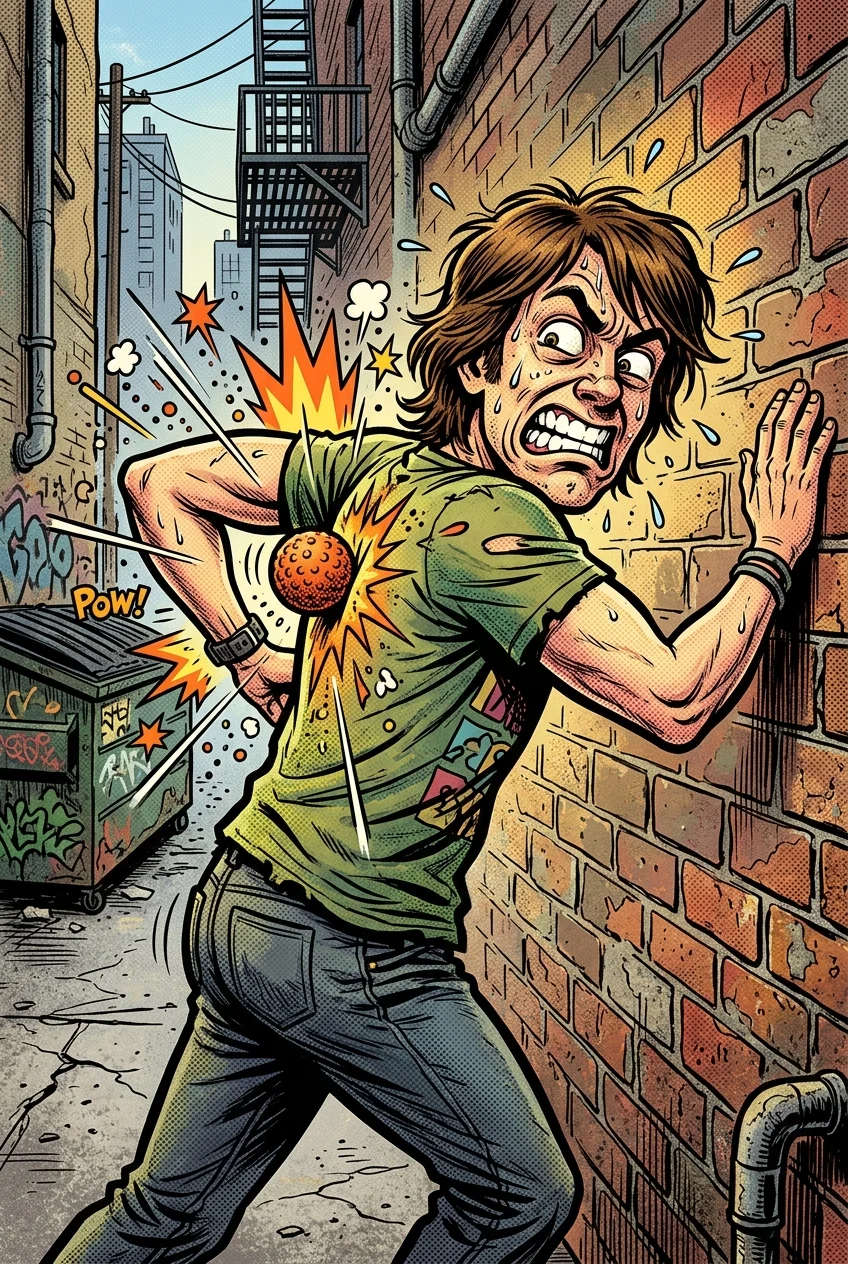 A vibrant pop-art comic illustration depicting a person’s dramatic battle against a stubborn muscle knot. With clenched teeth and wide eyes, the character experiences the intense yet rewarding pressure of a small massage ball against their back, surrounded by dynamic action lines and halftone patterns that capture the explosive sensation of myofascial release.