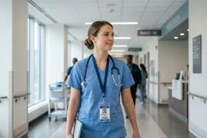 A dedicated healthcare professional navigates a sunlit, modern hospital corridor, embodying expertise and clinical precision in a high-quality medical setting.