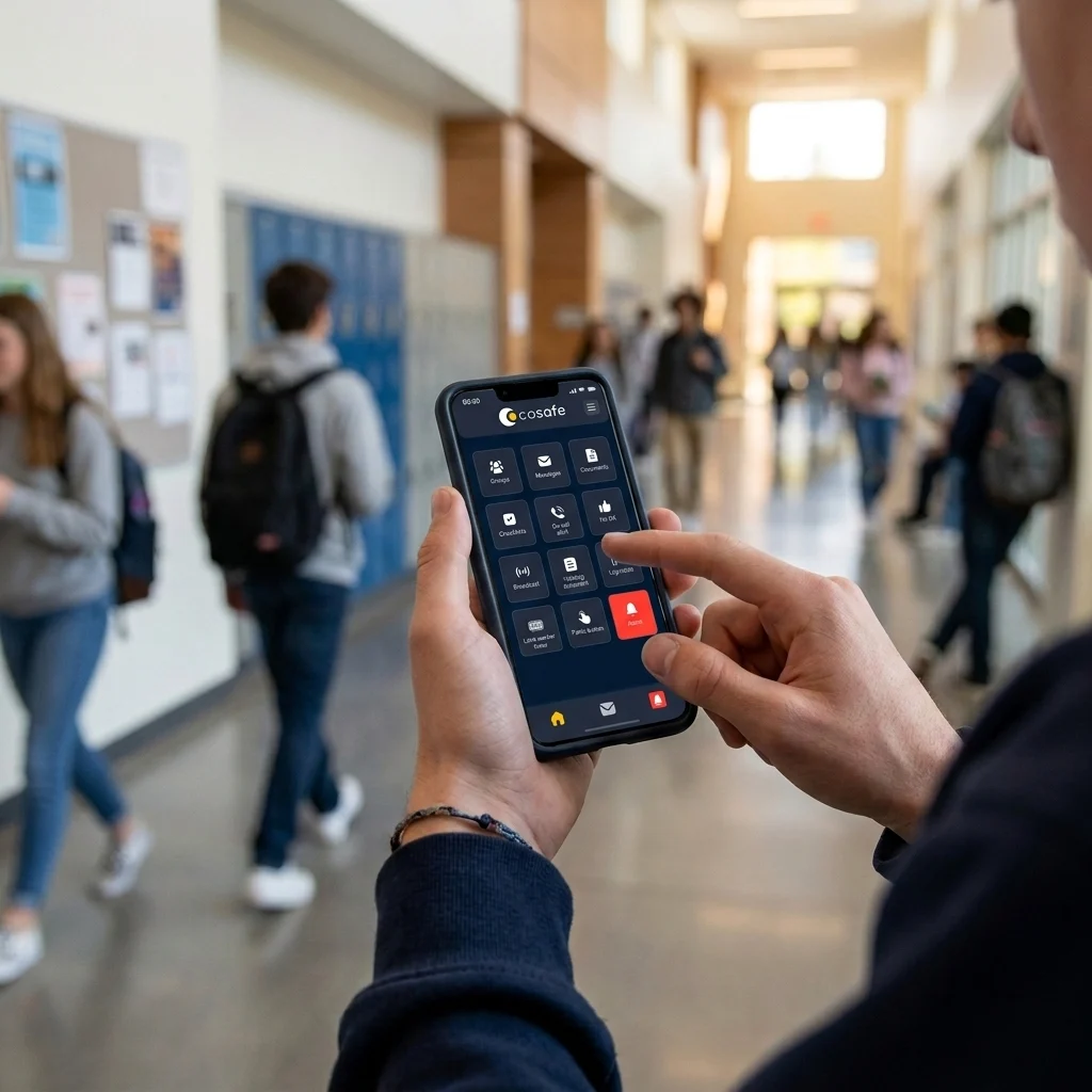 A close-up shot capturing a student's hands holding a smartphone in a brightly lit school hallway. On the screen, a clean, modern safety app is open, offering a quiet and secure way to report a crisis. The softly blurred background emphasizes a moment of responsible action and digital safety in a contemporary educational setting.