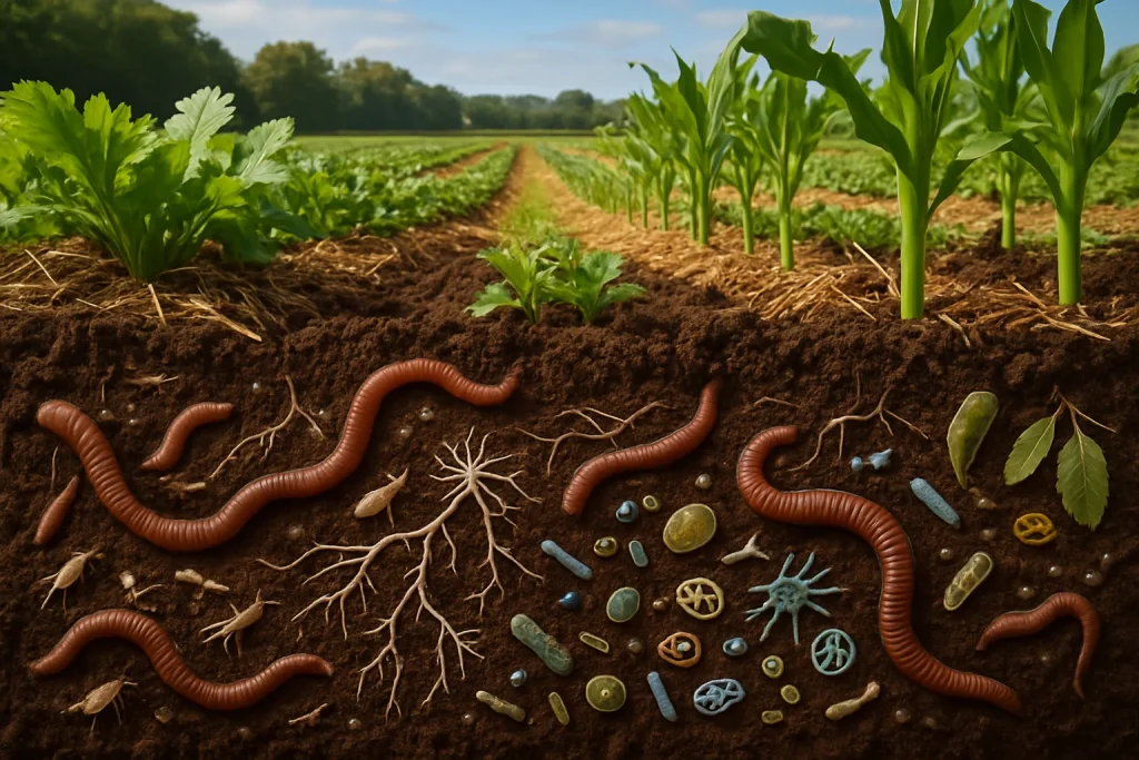 This stunning photorealistic image captures the vibrant ecosystem of rich, nutrient-dense soil alive with diverse microorganisms, fungi, and industrious earthworms. Above the earth, rows of thriving crops flourish, illustrating the seamless connection between well-structured soil and agricultural productivity. With elements of mulching and cover crops highlighting sustainable practices, the backdrop reveals a lush farm landscape, emphasizing the crucial role of soil health in ensuring food security and fostering agricultural success.
