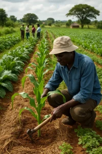 This high-resolution image captures a dedicated smallholder farmer carefully nurturing a vibrant array of crops using the Pfumvudza Method. Surrounded by lush greenery, the plot exemplifies the principles of Conservation Agriculture, showcasing the beauty of sustainable farming practices. In the background, a small group of farmers collaborates, sharing knowledge and reinforcing community resilience. The scene radiates a sense of hope and empowerment, illustrating a shared commitment to achieving food security in rural landscapes.