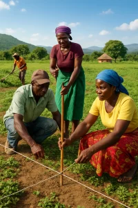 In a sunlit rural landscape, a diverse group of farmers collaborates on a vibrant Pfumvudza plot, their excitement palpable as they measure and mark a 16m x 39m area. Equipped with ropes and pegs, some work diligently to clear weeds, while others prepare the fertile ground, symbolizing a collective effort towards sustainable agriculture. With lush green soil set against rolling hills and a clear blue sky, the scene radiates optimism, echoing the potential for abundant harvests and a fruitful future.