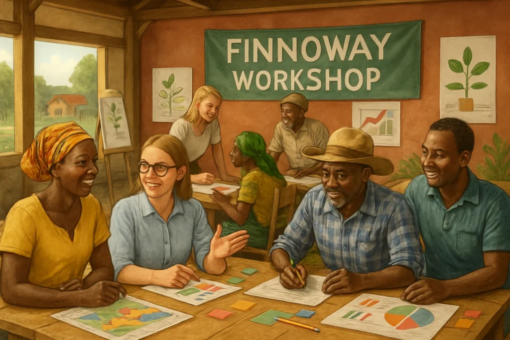 A lively photorealistic depiction of smallholder farmers and Finnish education experts collaborating in a warm rural workshop. The scene captures vibrant interactions around tables laden with educational materials, showcasing enthusiastic group discussions, brainstorming sessions, and hands-on activities, all set against a backdrop that embodies growth and community.