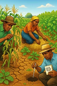 This vibrant 3D illustration captures the essence of resilience in agriculture, showcasing smallholder farmers proactively addressing real-time challenges. One farmer inspects wilting maize plants, highlighting the urgent need for pest management, while another skillfully applies mulch to combat drought, demonstrating innovative water conservation strategies. A third farmer meticulously conducts a soil test, ensuring nutrient-rich crops thrive. The backdrop features a colorful tapestry of diverse crops under a clear blue sky, symbolizing the dynamic interplay of challenges and solutions in sustainable farming practices.
