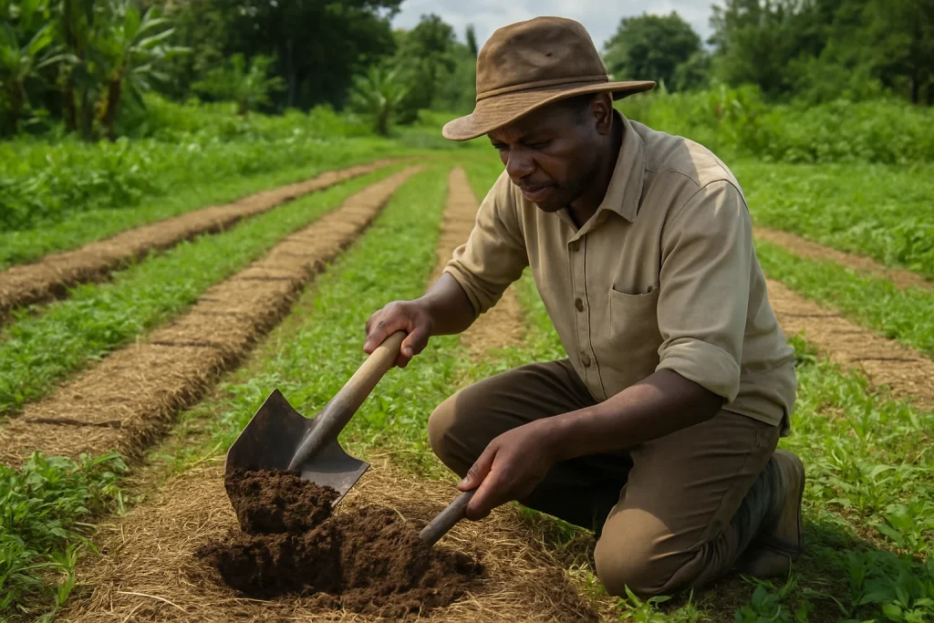 In this vivid portrayal, a dedicated smallholder farmer kneels in a verdant field, expertly crafting planting basins with a spade. Each basin reflects precision and care, surrounded by meticulously marked rows of freshly mulched soil. The vibrant landscape showcases the essence of sustainable agriculture, highlighting effective weed management and careful soil preparation, embodying the spirit of community-led growth and environmental stewardship.