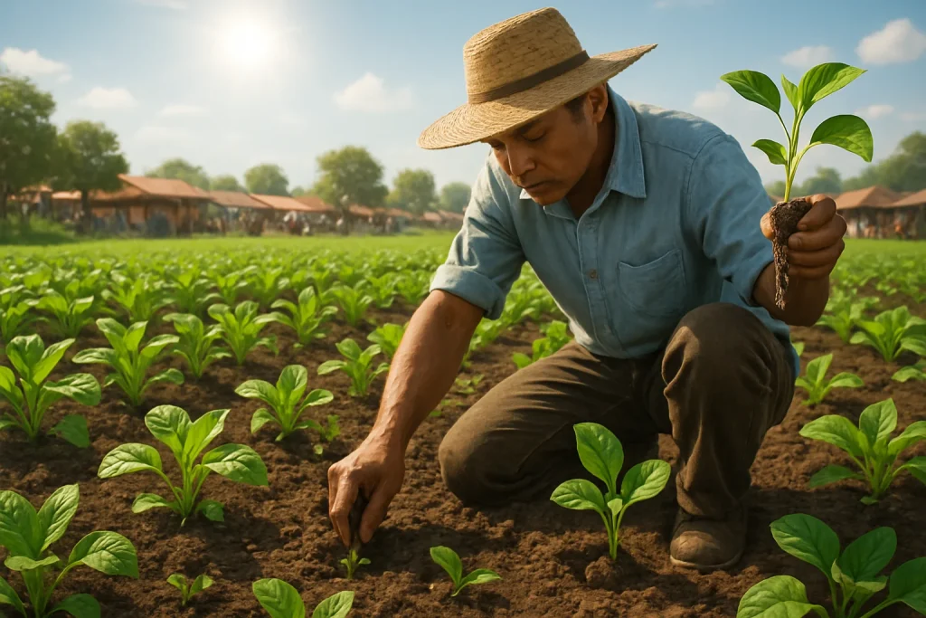 In a radiant display of agricultural diligence, a farmer delicately tends to a vibrant field, skillfully removing stunted plants to nurture healthier seedlings. The rich, fertile soil and bright sunshine create a symphony of growth, while a bustling market scene in the distance highlights the vital connection between flourishing crops and local food security.