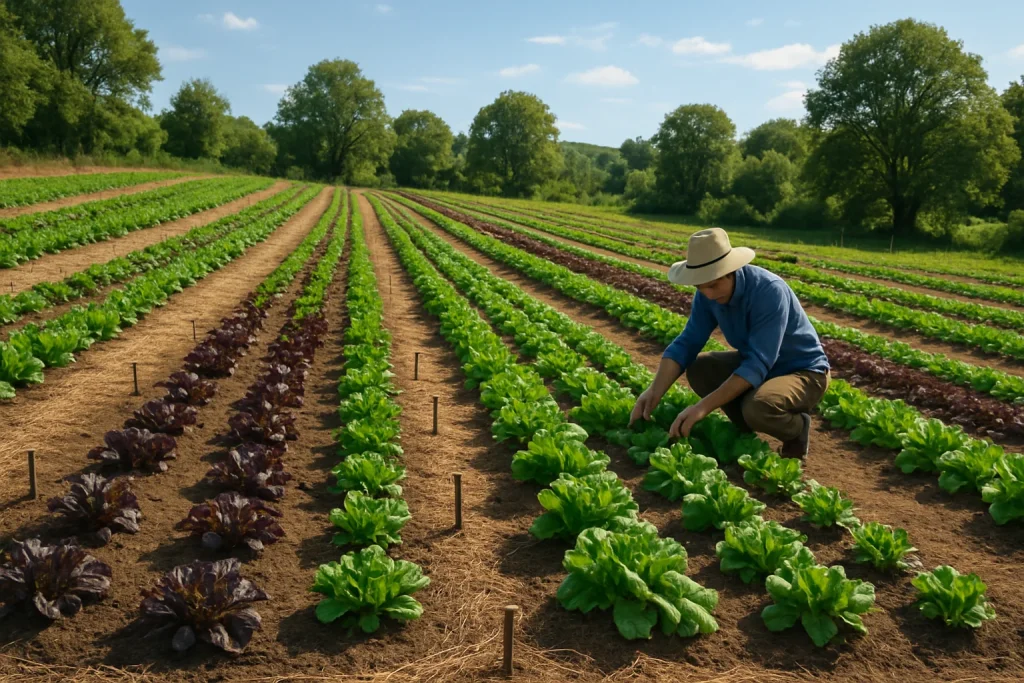 A captivating depiction of a flourishing sustainable farm, where vibrant rows of healthy crops stretch across gently sloping fields, embraced by a protective layer of mulch. The scene captures a dedicated farmer nurturing the land, showcasing the balance between mindful agriculture and nature's beauty under a serene blue sky.