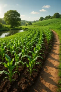 A breathtaking, photorealistic portrayal of an idyllic agricultural landscape, where nutrient-rich soil cradles vibrant green maize plants under the warm sun. The gentle slopes enhance efficient drainage, while a serene stream glistens nearby, reflecting the abundant nature. A clear, inviting path winds through the scene, symbolizing accessibility for farmers. This image exquisitely captures the essence of harmony with nature, embodying the quest for the perfect sustainable farming site.