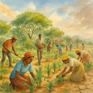 A tranquil watercolor landscape showcasing smallholder farmers engaged in sustainable practices amidst a changing climate. This scene highlights drought-resistant crops and diverse agroforestry, portraying a vibrant community united in their efforts. Soft colors and fluid brushstrokes create an atmosphere of hope and harmony between agriculture and nature, embodying resilience for a brighter future.