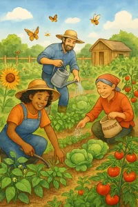In a radiant illustration of life on the farm, joyful farmers tend to their vibrant crops under a cerulean sky, interweaving their labor with nature's beauty. Butterflies flutter and bees buzz, celebrating the harmonious dance of intercropping, where diverse plants thrive together. A picturesque community garden and a charming shed form the backdrop of this nurturing scene, encapsulating the promise of a bountiful harvest and the deep connection between agriculture and the environment.