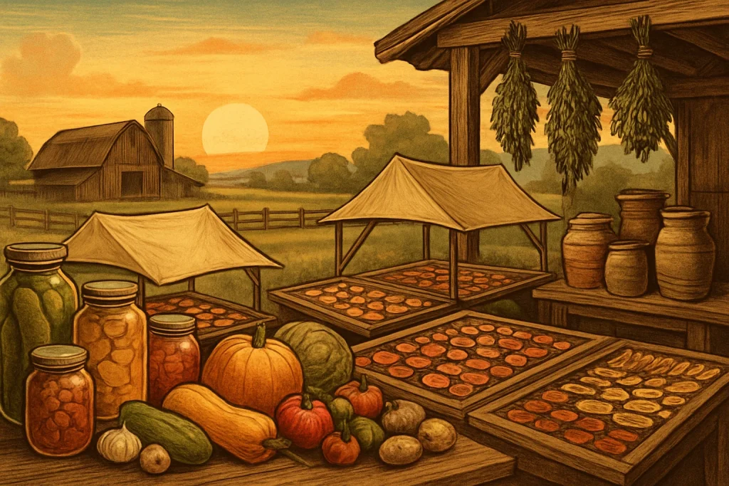 Step back in time with this vintage-style illustration capturing the serene beauty of a rustic farm at sunset. Bountiful fruits and vegetables lay warmly under the sun, meticulously arranged for drying, while traditional glass jars await their precious contents. As bundles of fragrant herbs hang nearby, hints of fermentation jars and the gentle art of canning unfold in the background. This scene embodies the essence of sustainable farming, inviting viewers to appreciate the warmth and abundance of nature's generosity in the delicate dance of preservation.