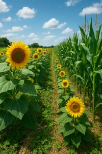 This vibrant image captures the essence of Conservation Agriculture, showcasing a lush field where sunflowers and maize flourish together. With minimal soil disturbance and permanent cover of diverse crops, the landscape reflects the beauty of sustainable farming practices. Under a bright sky, this scene emphasizes the harmony between nature and food production, celebrating the health of our soils and the future of agriculture.