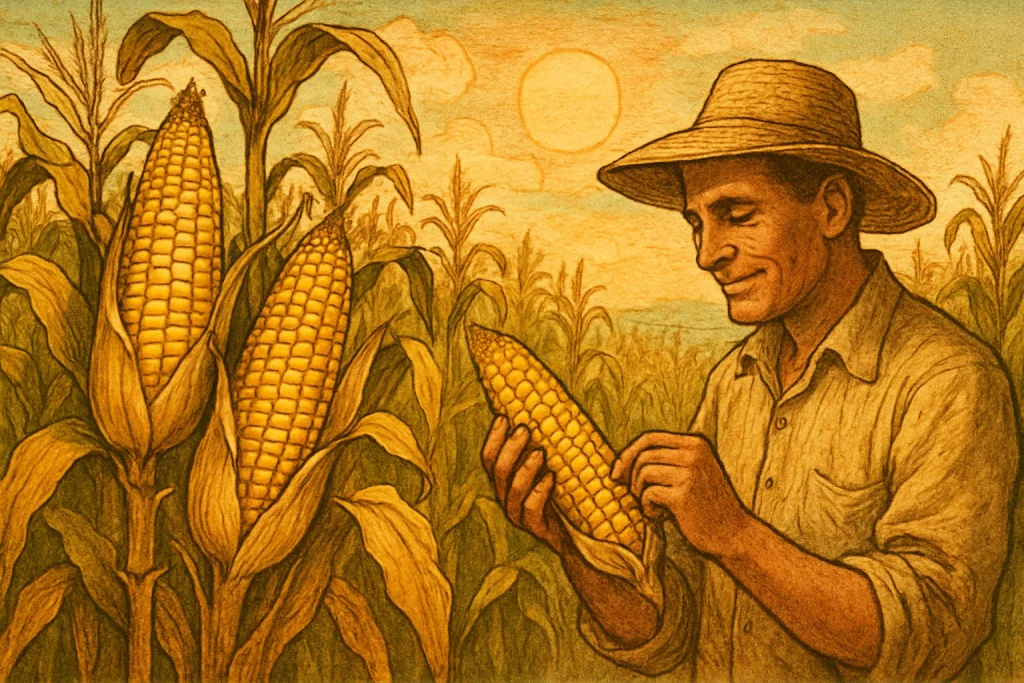 This evocative illustration captures a bountiful maize field on the brink of harvest, showcasing golden ears and sun-kissed foliage. A farmer tenderly examines the ripening kernels amidst the lush landscape, framed by the enchanting Pfumvudza celestial garden. The warm, nostalgic sunlight bathes the scene, inviting viewers to reflect on the timeless bond between humanity and the land, celebrating the joy and wisdom of agricultural traditions.