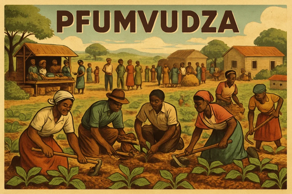 A nostalgic portrayal of a vibrant farming community, illustrating smallholder farmers of diverse backgrounds united in the Pfumvudza method. The lush fields come alive with collaboration, as men and women engage in sustainable practices, interspersed with market stalls and communal gatherings. Muted colors and subtle textures enhance this vintage-style illustration, celebrating the deep connections between agriculture, community, and economic prosperity.