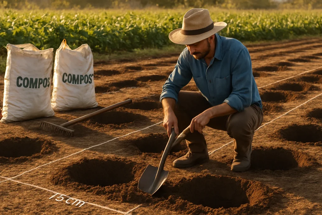 In a sunlit haven, a dedicated farmer meticulously prepares planting basins amid freshly turned soil, surrounded by compost bags and essential tools. The neat rows, precisely marked at 75cm apart, hint at the farmer's commitment to future crops. Vibrant green plants bask in the warm sunlight, creating a picturesque farming atmosphere filled with hope and anticipation.