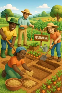 This vivid 3D illustration captures the essence of teamwork and agricultural innovation, portraying a diverse group of individuals united in various practical farming activities. From preparing the soil to measuring and applying mulch, each participant is shown actively contributing to the transformative process emblematic of the Pfumvudza Method. Lush greenery and a rich tapestry of colorful crops surround them, symbolizing the journey from humble seeds to a thriving harvest. Visual elements like tools and communal planting stations emphasize the spirit of collaboration, showcasing a sustainable future nurtured by shared effort.