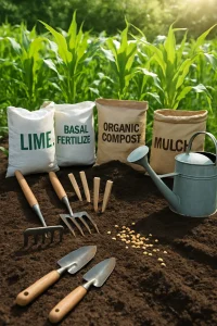 This photorealistic image captures a vibrant sustainable farming scene, showcasing essential tools like a hand hoe, rake, and trowel elegantly arranged on rich, dark soil. Surrounding the composition are lush green crops, while bags of lime, basal fertilizer, organic compost, and mulch signify responsible stewardship of the land. Scattered maize seeds glisten in the bright natural light, reflecting a commitment to nurturing the earth and reaping a bountiful harvest.