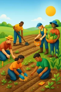 This vibrant 3D illustration captures the dynamic process of community-driven agriculture, showcasing individuals engaged in every step—from marking boundaries and weeding to planting and celebrating the harvest. Set against a picturesque landscape under a bright sun, it highlights the journey of growth and the spirit of resilience, with thriving plants symbolizing sustainable practices and collaborative effort.