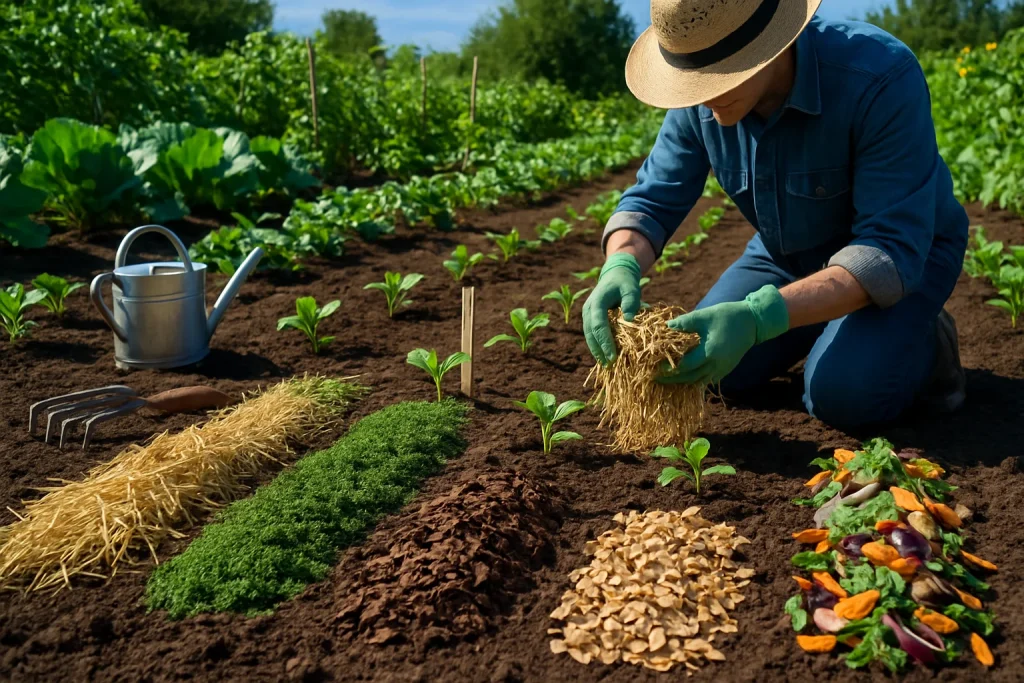 A stunning photorealistic garden scene where a dedicated gardener carefully lays organic mulch around vibrant seedlings, showcasing an array of natural materials like straw, wood chips, and kitchen scraps. The orderly planting layout and essential gardening tools emphasize sustainable agriculture, all set against a backdrop of thriving crops under a blissful blue sky.