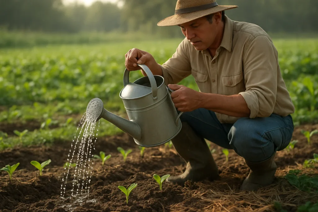 In the gentle embrace of morning light, a dedicated farmer nurtures newly planted seeds in a vibrant green field. Each droplet from the watering can dances gracefully onto the rich, dark soil, symbolizing care and the promise of growth. In the background, sprouting seedlings reach for the sky, embodying hope and renewal. Elements of conservation agriculture enhance the scene, reflecting a harmonious connection between nature and nurture.