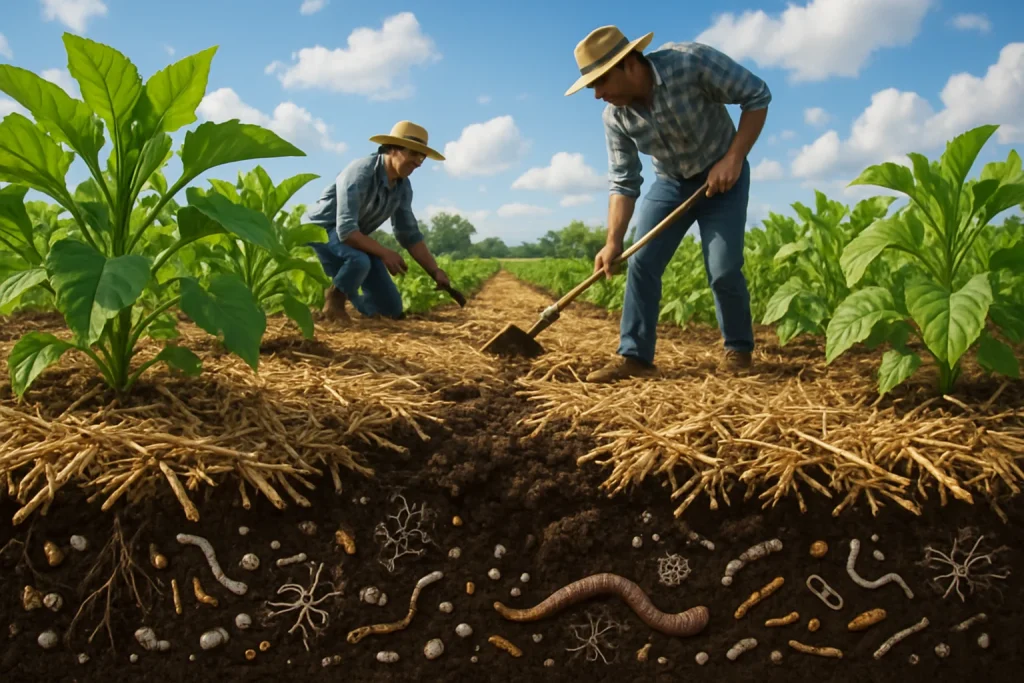 A vivid portrayal of a flourishing agricultural landscape, showcasing the beauty of sustainable practices. The image illustrates rich, dark soil blanketed by organic mulch, with healthy crops thriving under a bright blue sky adorned with fluffy clouds. Subtle representations of microorganisms bring the soil to life, while dedicated farmers engage in minimal tillage, reinforcing the vital connection between soil health and vibrant ecosystems.