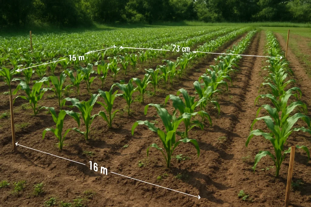 Experience the beauty of precision farming in 'Sculpted Greens,' where meticulously organized rows of vibrant maize plants stretch across a sunlit plot. Each plant thrives in its designated space, meticulously designed for optimal growth. The visible markers outline the 39m x 16m sanctuary of sustainability, embodying hope and productivity in every lush leaf that dances in the gentle breeze.