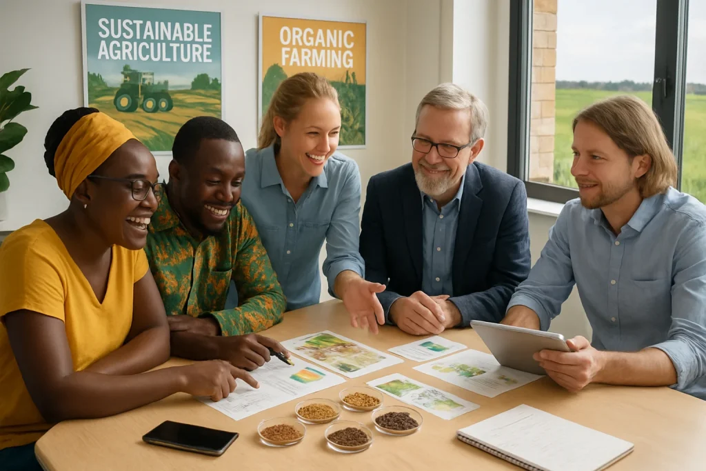 A vibrant workshop scene captures African and Finnish agricultural experts brainstorming around a table filled with seeds and digital devices. The modern workspace is adorned with posters of sustainable practices, radiating creativity and cultural fusion, while lush green fields visible through the window symbolize innovation and growth in agriculture.