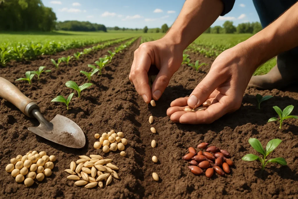 A captivating close-up of hands gently sowing seeds into rich, dark soil, epitomizing the nurturing spirit of agriculture. Surrounded by an array of vibrant seed varieties, planting tools, and emerging seedlings in meticulously organized rows, this photorealistic image immerses viewers in the vibrant planting season. The lush green fields and radiant blue sky create an inspiring backdrop, symbolizing vitality and the hopeful journey of growth.