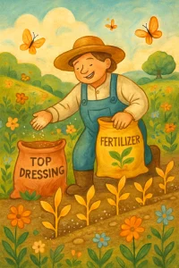 In a whimsical storybook realm, a joyful farmer dances among vibrant crops, uplifting colorful bags of fertilizer as golden seedlings sprout playfully around them. Butterflies flit through the air, while blooming flowers add a splash of magic, embodying the essence of soil fertility and the nurturing spirit of sustainable farming. Soft, inviting colors and playful characters invite viewers to explore the wonders of growth and connection to the land.