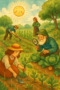 In a magical realm where nature thrives, dedicated caretakers tend to their vibrant agricultural paradise. Rows of colorful crops stretch towards the radiant sun, while playful planting stations, marked with whimsical pegs, dot the landscape. Guardians of the garden stand watch, attuned to the signs of nature as they manage pests and cultivate harmony. This enchanting scene encapsulates the spirit of community and commitment, surrounded by lush greenery and the promise of bountiful harvests.