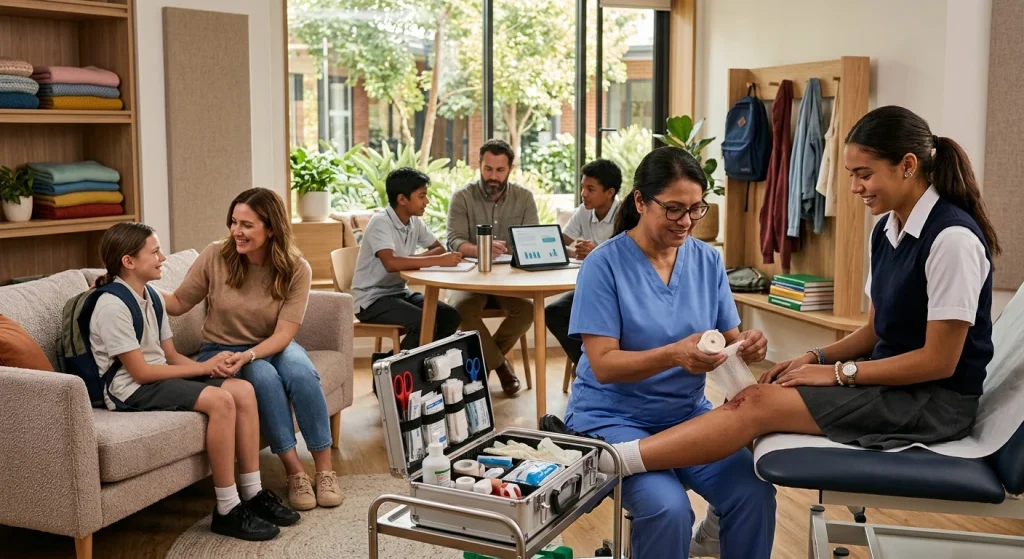 A warm, photorealistic school aftercare room bathed in soft natural light. A calm nurse gently bandages a teenager’s scraped knee on a treatment chair while a teacher sits nearby comforting another student on a plush sofa. At a round table a counselor speaks quietly with two students. An open first-aid kit displays bandages, antiseptic bottles, an ice pack and gloves; a thermos mug and smartphones and a tablet (screen content intentionally blurred) rest on nearby surfaces. Folded blankets on a shelf, backpacks and schoolbooks on hooks, potted plants and wooden furniture frame large windows looking onto a leafy courtyard. Textured linens, shallow depth of field and high-detail, realistic lighting create a reassuring, peaceful atmosphere with diverse students and staff present and no readable text or labels visible.