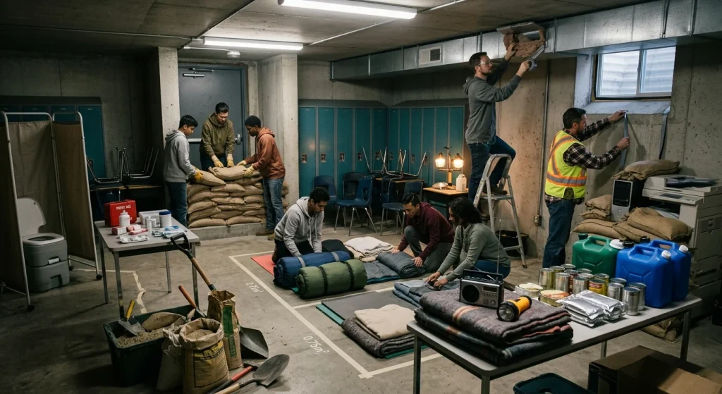 Photorealistic wide-angle view of a school basement transformed into a temporary shelter: diverse students and staff stack sandbags and improvised masonry around doors and windows, seal seams with adhesive tape and rubber gaskets, and block an overhead ventilation duct while volunteers unroll sleeping bags and mark at least 0.75 m² per person on cleared floor. Stacks of canned food, sealed emergency rations, water jerrycans, a portable dry toilet, hygiene kits, tools, tarps, spare batteries, a flashlight, a battery-powered radio and a table with medical supplies are organized amid improvised sandbag shielding around a computer and copier; classroom lockers, concrete pillars and a stairwell subtly establish the educational setting. Dim fluorescent ambient light mixed with warm task lamps, realistic dust and surface wear, natural skin tones and close-up hands-on teamwork create a cinematic, organized-yet-tense atmosphere; no text or labels are visible.