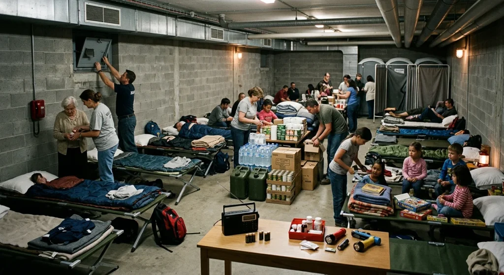 A photorealistic school basement converted into a civil defence shelter: raw concrete walls, exposed metal ducts and a low ceiling over rows of narrow cots and tightly arranged sleeping bags (about 0.75 m² per person). Diverse adults and children calmly organize supplies — stacks of bottled water, jerrycans, crates of canned food, backpacks and boxes — while staff adjust ventilation controls and close windows and doors. A battery-powered radio with spare batteries, a wall-mounted telephone, an open first-aid kit, portable dry toilets, flashlights, board games and toys create a lived-in, practical atmosphere; subdued emergency lantern light casts realistic shadows and cinematic, high-detail textures across the scene.