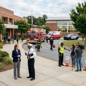 Photorealistic daytime school campus scene showing the principal in professional attire calmly consulting with a fire chief by the office entrance as uniformed rescue personnel and emergency vehicles (fire truck, ambulance, police car) are staged on the driveway; security staff gently guide reporters and camera operators to a designated media area at a respectful distance while parents gather inside the gym visible through windows, the atmosphere orderly and controlled with natural cinematic, high-realism lighting.
