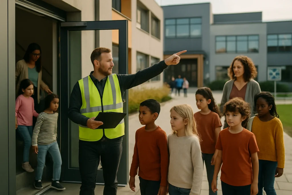 Documentary-style image of a modern Nordic school during a routine evacuation drill: diverse teachers lead small groups of pupils down stairways and through marked exits while a safety officer in a reflective vest holds a clipboard and points toward the outdoor assembly area. Orderly lines, visible fire doors and a courtyard assembly point are bathed in natural daylight with warm, realistic color grading and shallow depth of field, conveying teamwork, preparedness and everyday safety procedures.