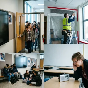 Photorealistic documentary-style interior of a modern school during a civil emergency: a composed teacher ushers a diverse group of students into a classroom and closes the door while another staff member carefully seals a window and ventilation grille with clear plastic and tape. A small battery radio on a desk emits instructions as a teacher listens intently; students sit quietly on benches and the floor with backpacks, orderly and focused. Soft natural light filters through partially covered windows, highlighting realistic textures and domestic details, conveying preparedness, care and restrained tension.