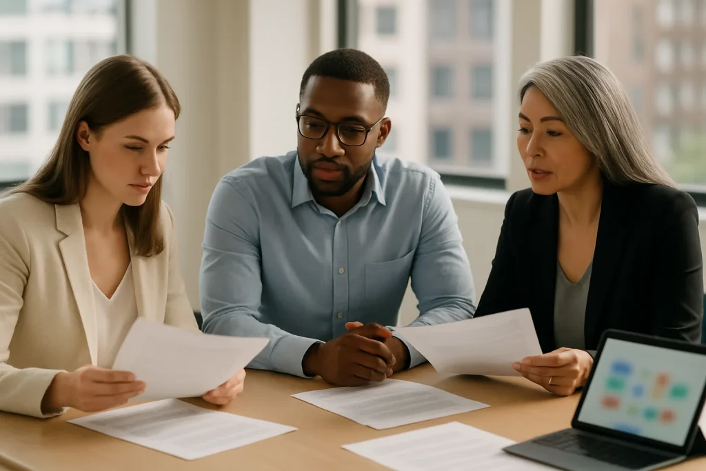 Three diverse city employees confer around a tidy conference table in a bright modern meeting room, reviewing printed guidelines while a laptop and tablet show blurred colorful diagrams; warm natural light, shallow depth of field and a simple uncluttered composition create a calm professional atmosphere.